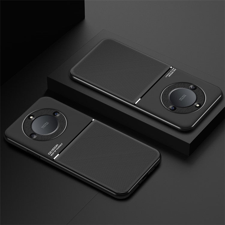 Cellphone Case for Honor X40 5G , Anti-fall Lines Imprinted PU Leather+TPU Hybrid Shell with Built-in Metal Sheet - Black