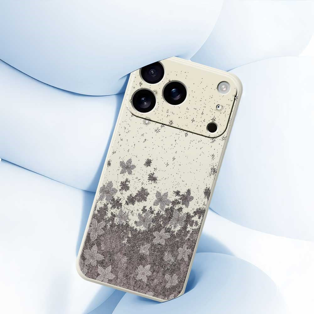 For iPhone 17 Pro Max Case Grey Flowers Pattern Printing Straight Edge TPU Phone Back Cover - Beige