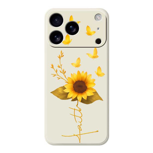 For iPhone 17 Pro Max Case Golden Butterfly Sunflower Pattern Printing Straight Edge TPU Phone Back Cover - Beige