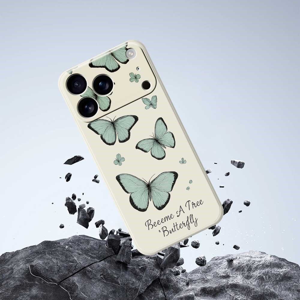 For iPhone 17 Pro Max Case Green Butterfly Pattern Printing Straight Edge TPU Phone Back Cover - Beige