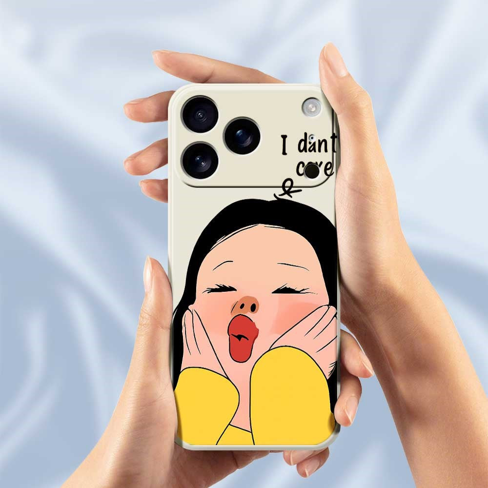 For iPhone 17 Pro Max Case Girl Holding Face Pattern Printing Straight Edge TPU Phone Back Cover - Beige