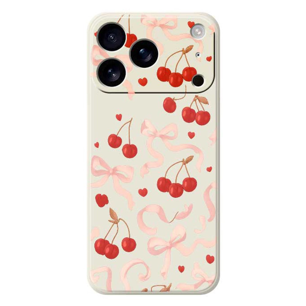 For iPhone 17 Pro Max Case Big Bow Cherry Pattern Printing Straight Edge TPU Phone Back Cover - Beige