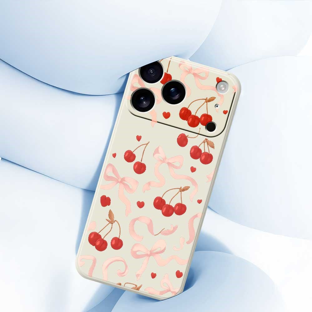 For iPhone 17 Pro Max Case Big Bow Cherry Pattern Printing Straight Edge TPU Phone Back Cover - Beige