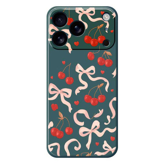 For iPhone 17 Pro Max Case Big Bow Cherry Pattern Printing Straight Edge TPU Phone Back Cover - Green