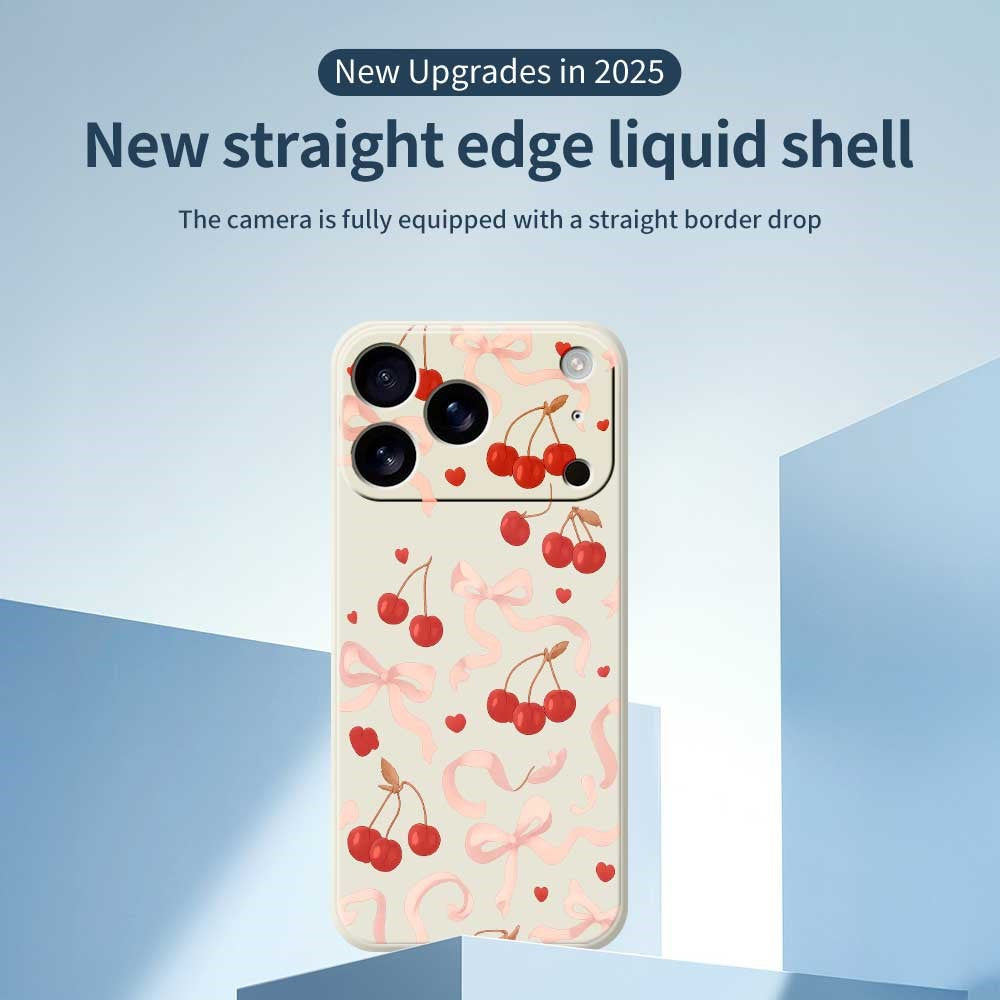 For iPhone 17 Pro Max Case Big Bow Cherry Pattern Printing Straight Edge TPU Phone Back Cover - Black