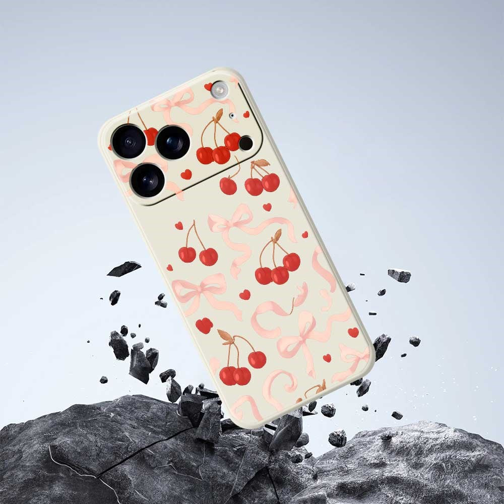 For iPhone 17 Pro Max Case Big Bow Cherry Pattern Printing Straight Edge TPU Phone Back Cover - Black