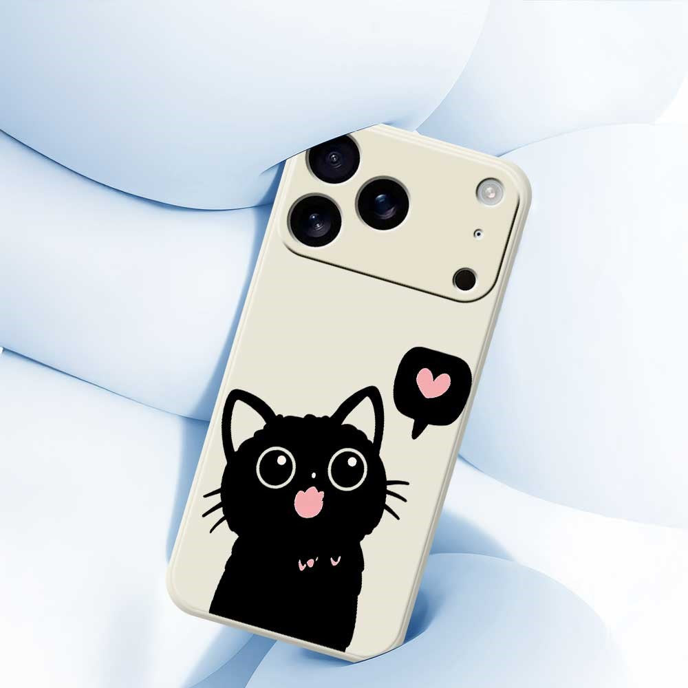 For iPhone 17 Pro Max Case Love Black Cat Pattern Printing Straight Edge TPU Phone Back Cover - Beige