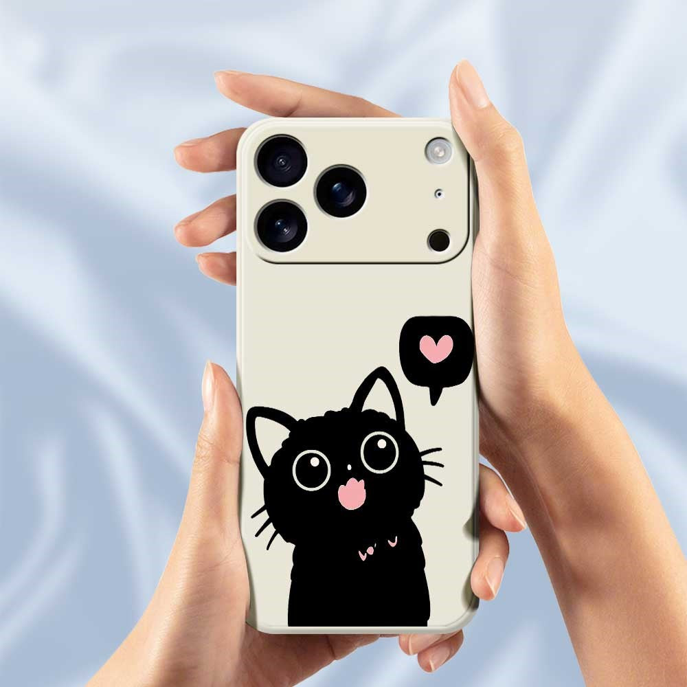 For iPhone 17 Pro Max Case Love Black Cat Pattern Printing Straight Edge TPU Phone Back Cover - Beige