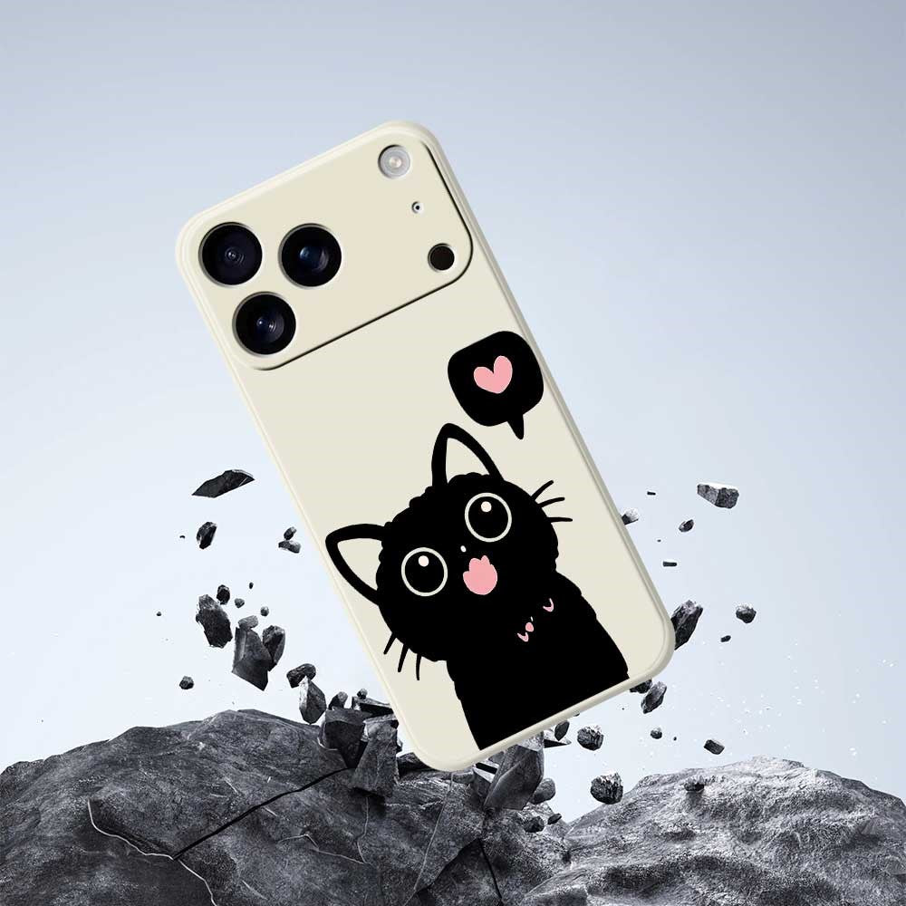 For iPhone 17 Pro Max Case Love Black Cat Pattern Printing Straight Edge TPU Phone Back Cover - Beige