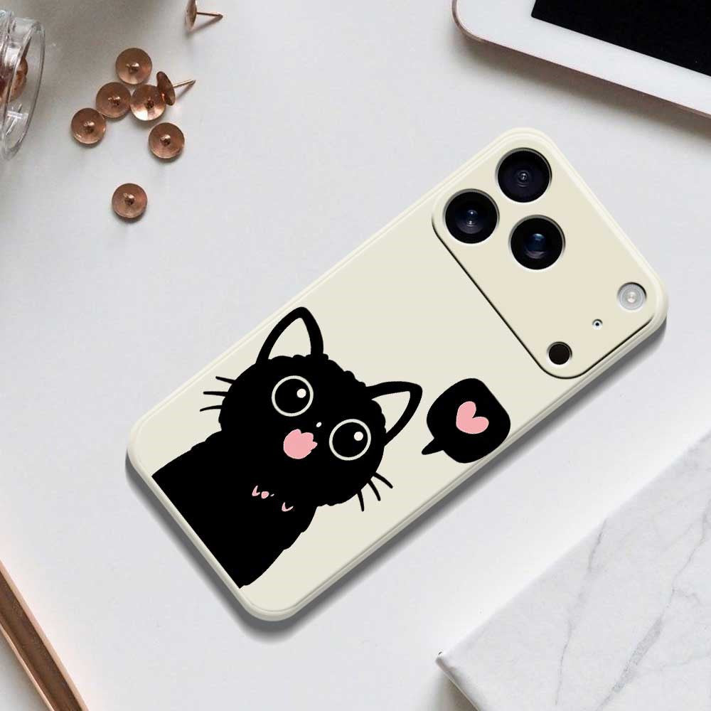 For iPhone 17 Pro Max Case Love Black Cat Pattern Printing Straight Edge TPU Phone Back Cover - Beige