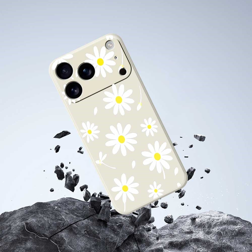 For iPhone 17 Pro Max Case White Daisy Pattern Printing Straight Edge TPU Phone Back Cover - Beige