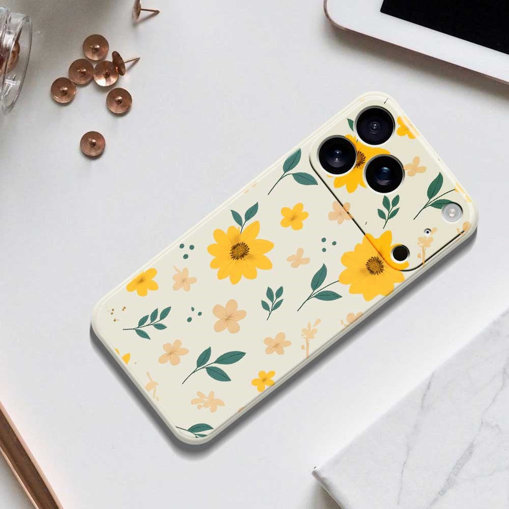 For iPhone 17 Pro Max Case Yellow Floral and Leaves Pattern Printing Straight Edge TPU Phone Back Cover - Beige