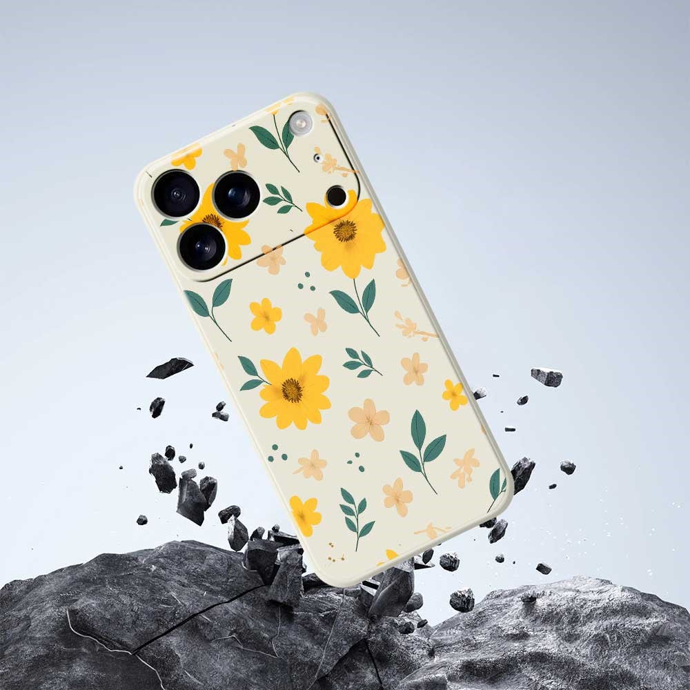 For iPhone 17 Pro Max Case Yellow Floral and Leaves Pattern Printing Straight Edge TPU Phone Back Cover - Black