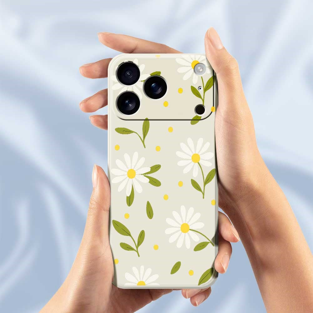 For iPhone 17 Pro Max Case White Flowers Green Leaves Pattern Printing Straight Edge TPU Phone Back Cover - Beige