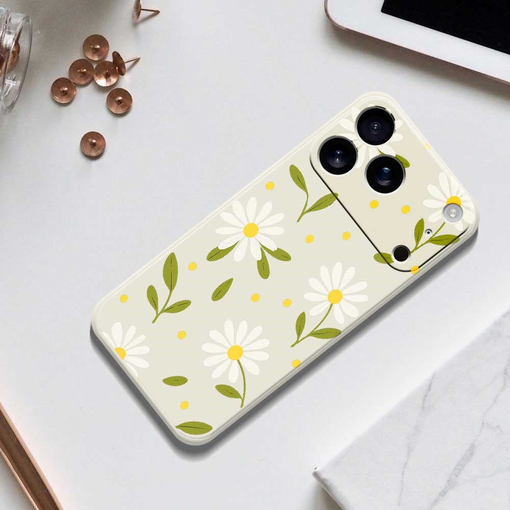 For iPhone 17 Pro Max Case White Flowers Green Leaves Pattern Printing Straight Edge TPU Phone Back Cover - Beige