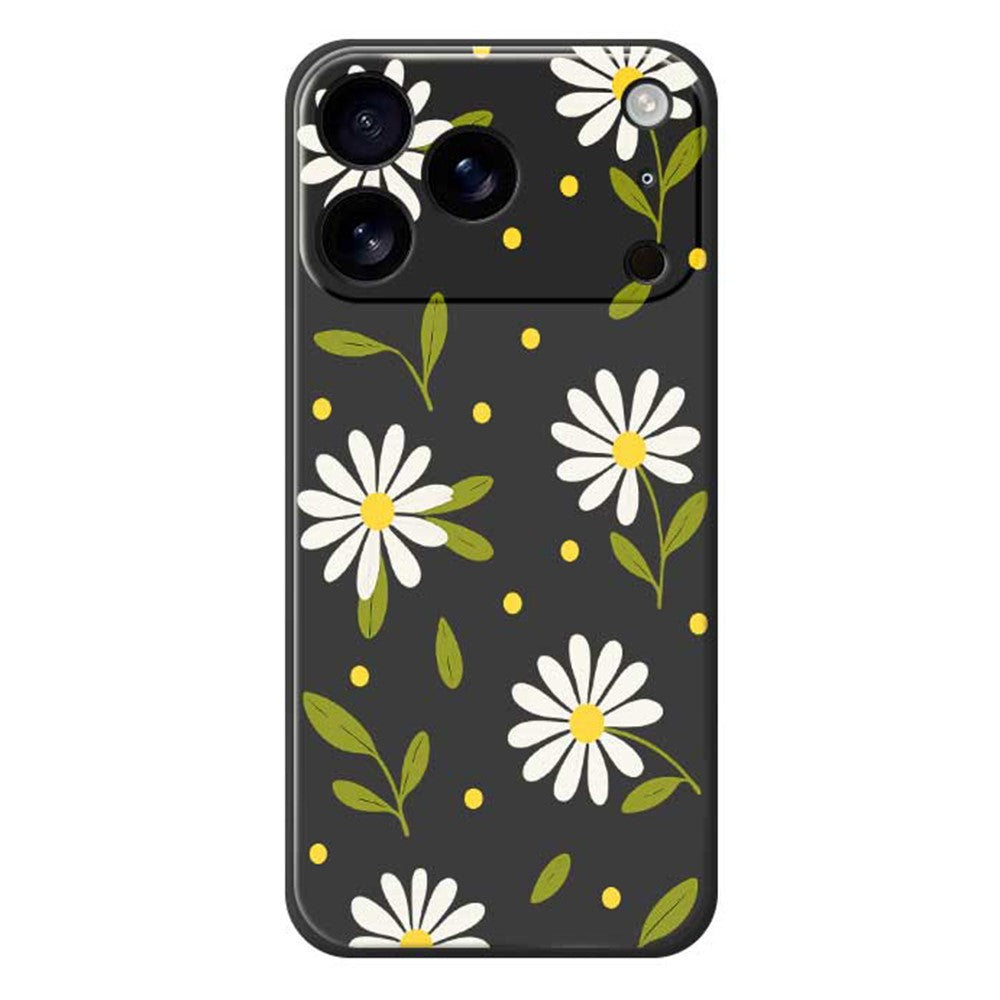 For iPhone 17 Pro Max Case White Flowers Green Leaves Pattern Printing Straight Edge TPU Phone Back Cover - Black