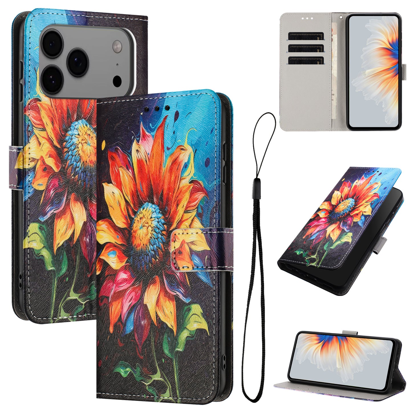 For iPhone 17 Pro Max Wallet Case Pattern Printing PU Leather Phone Cover with Lanyard - Sunflower