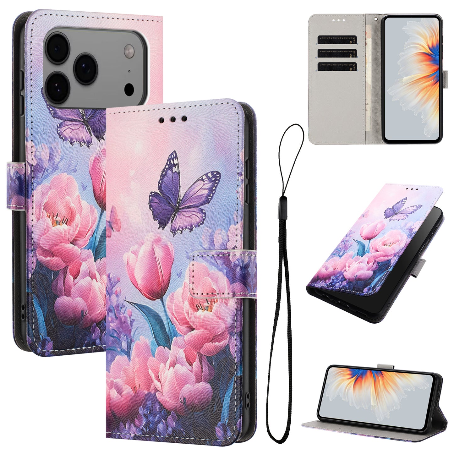 For iPhone 17 Pro Max Wallet Case Pattern Printing PU Leather Phone Cover with Lanyard - Pink Flower Butterfly