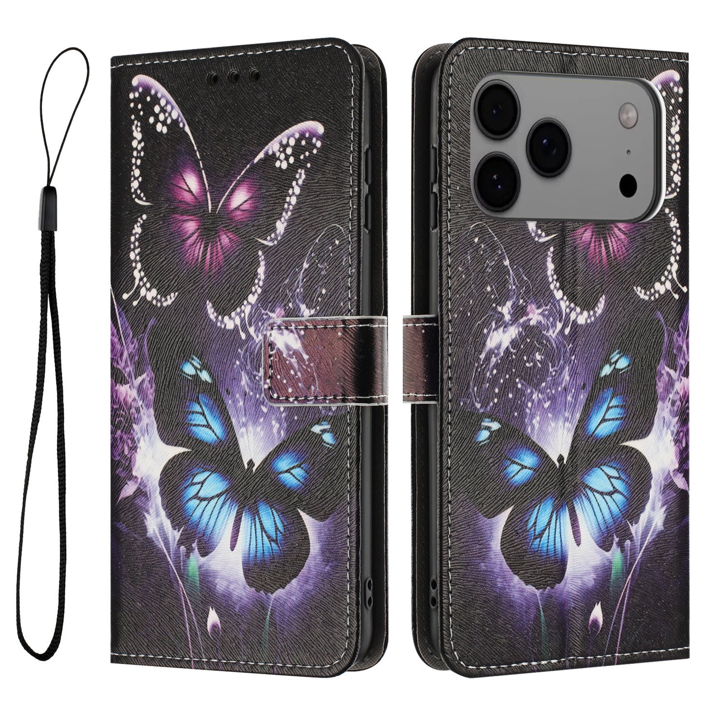 For iPhone 17 Pro Max Wallet Case Pattern Printing PU Leather Phone Cover with Lanyard - Two Butterflies