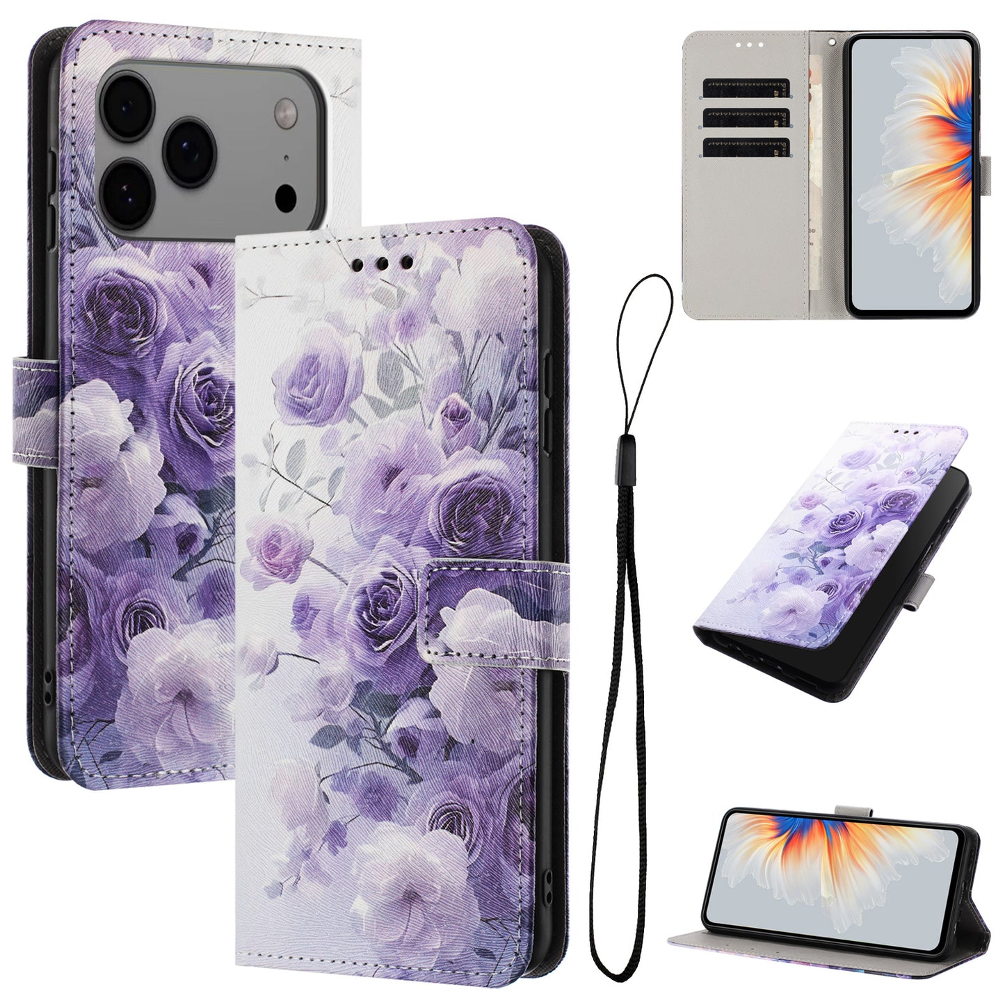 For iPhone 17 Pro Max Wallet Case Pattern Printing PU Leather Phone Cover with Lanyard - Purple Rose