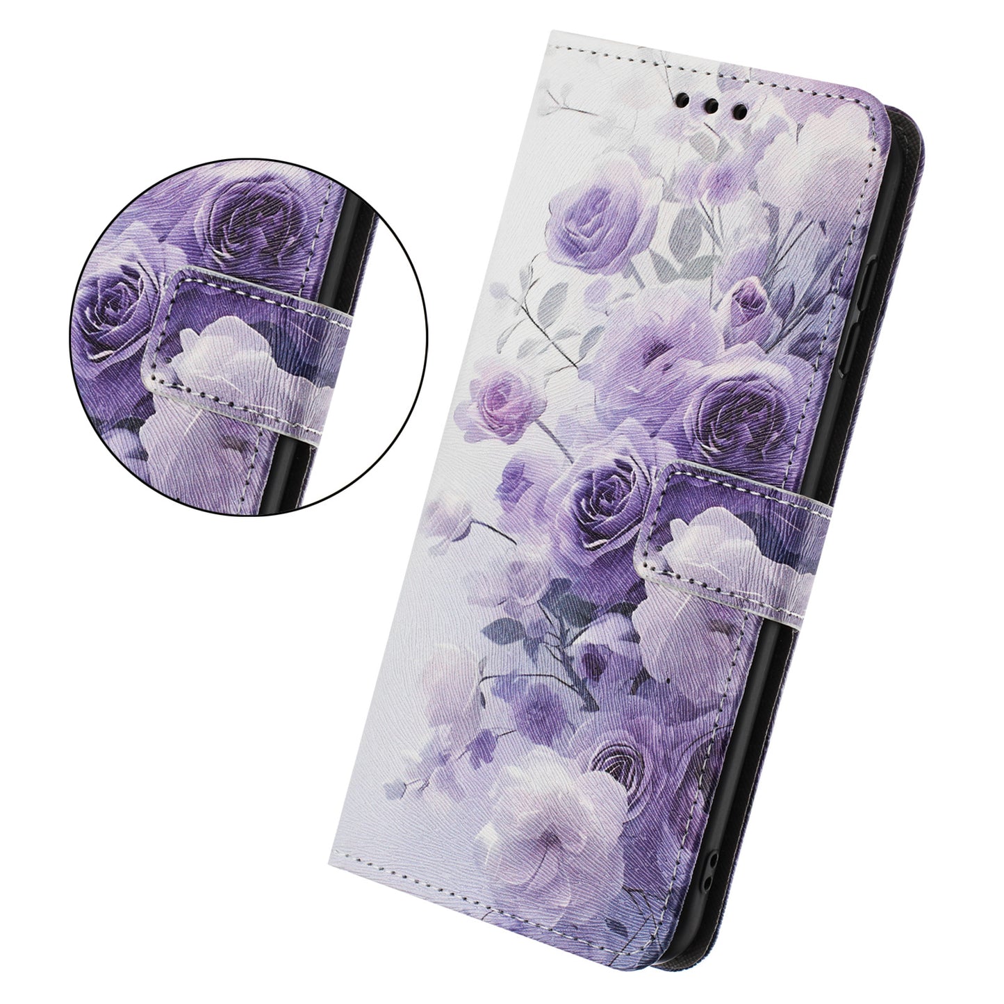 For iPhone 17 Pro Max Wallet Case Pattern Printing PU Leather Phone Cover with Lanyard - Purple Rose