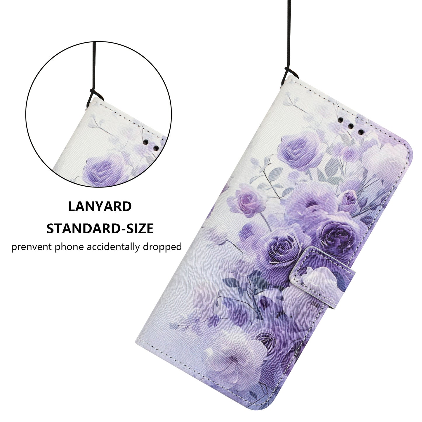 For iPhone 17 Pro Max Wallet Case Pattern Printing PU Leather Phone Cover with Lanyard - Purple Rose