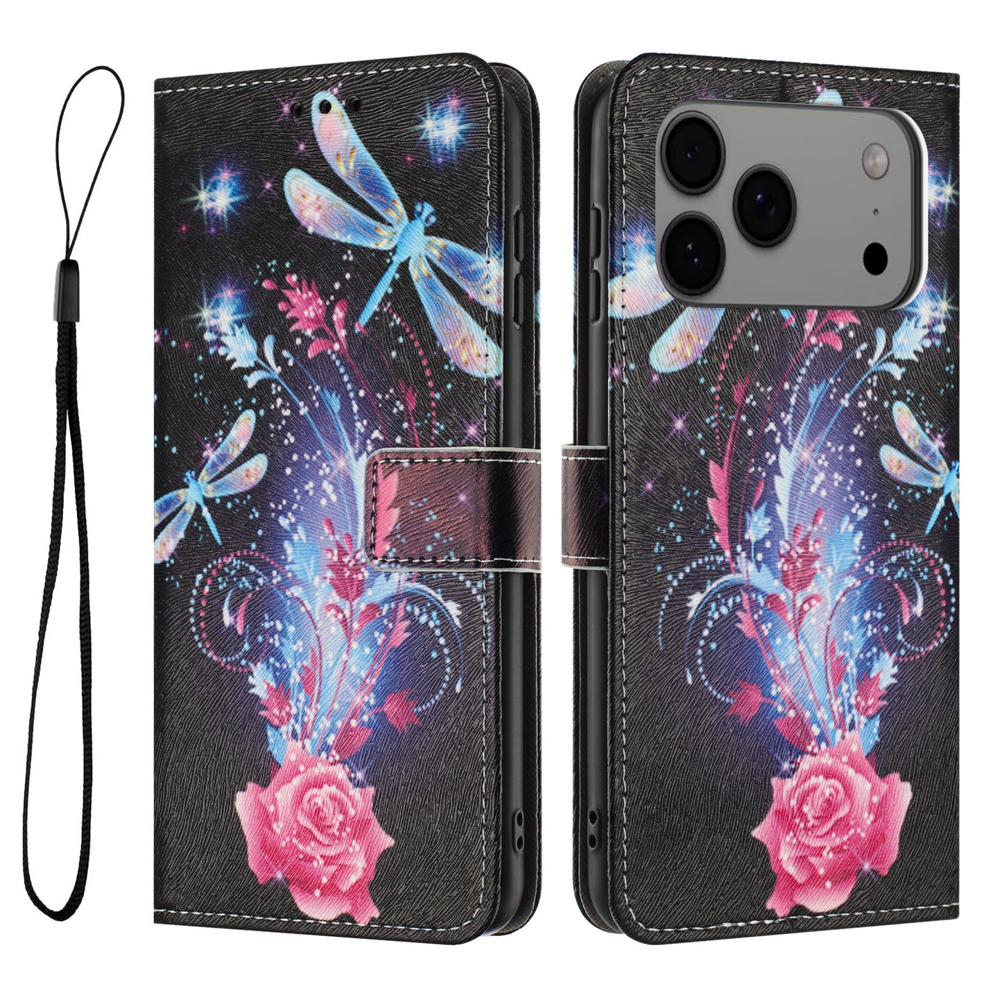 For iPhone 17 Pro Max Wallet Case Pattern Printing PU Leather Phone Cover with Lanyard - Dragonfly