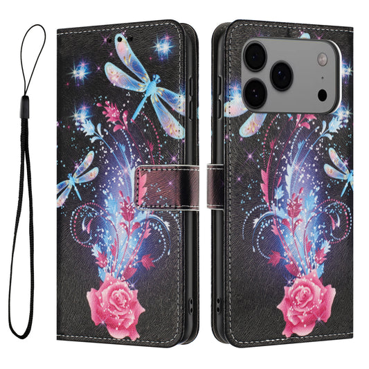 For iPhone 17 Pro Max Wallet Case Pattern Printing PU Leather Phone Cover with Lanyard - Dragonfly