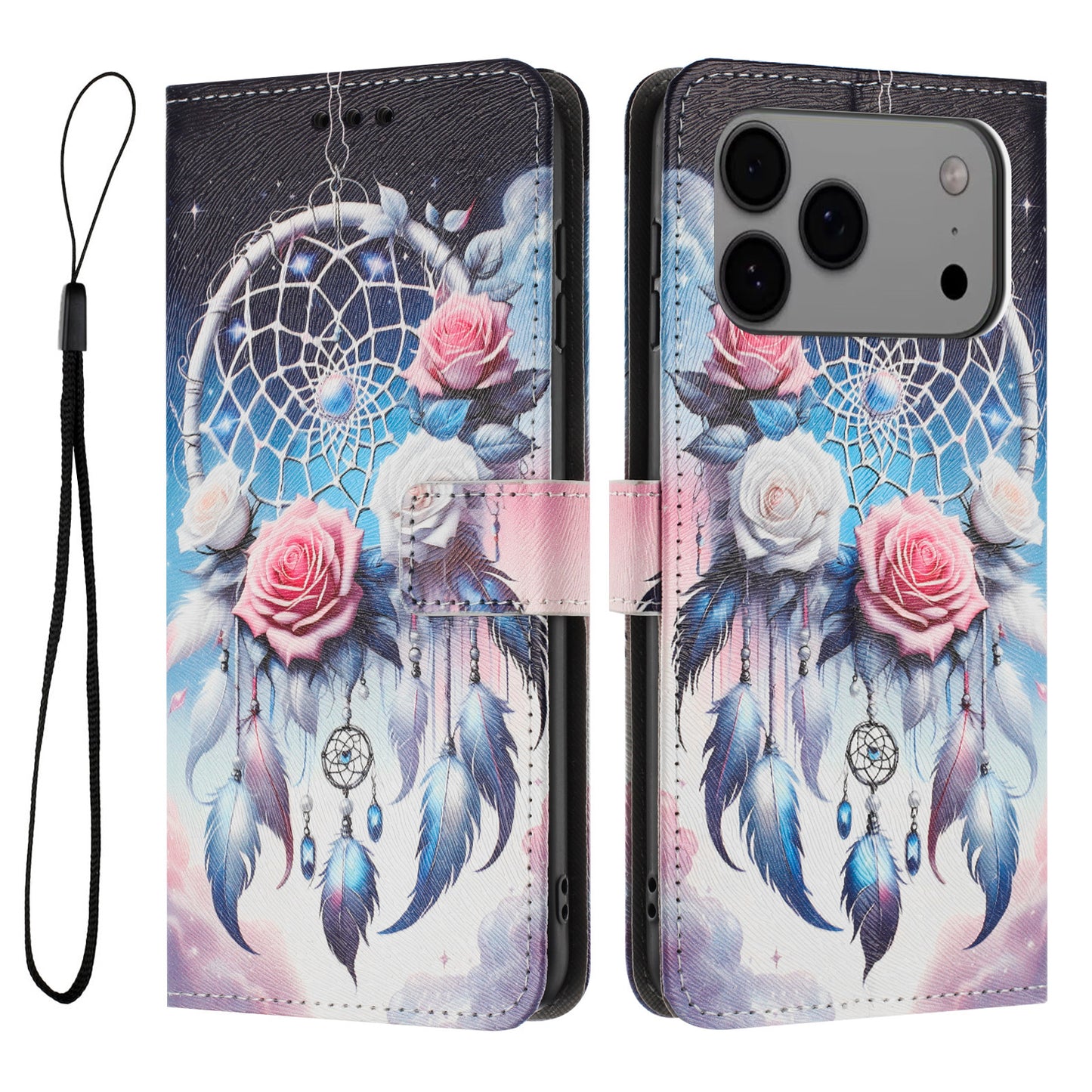 For iPhone 17 Pro Max Wallet Case Pattern Printing PU Leather Phone Cover with Lanyard - Flower Wind Chime