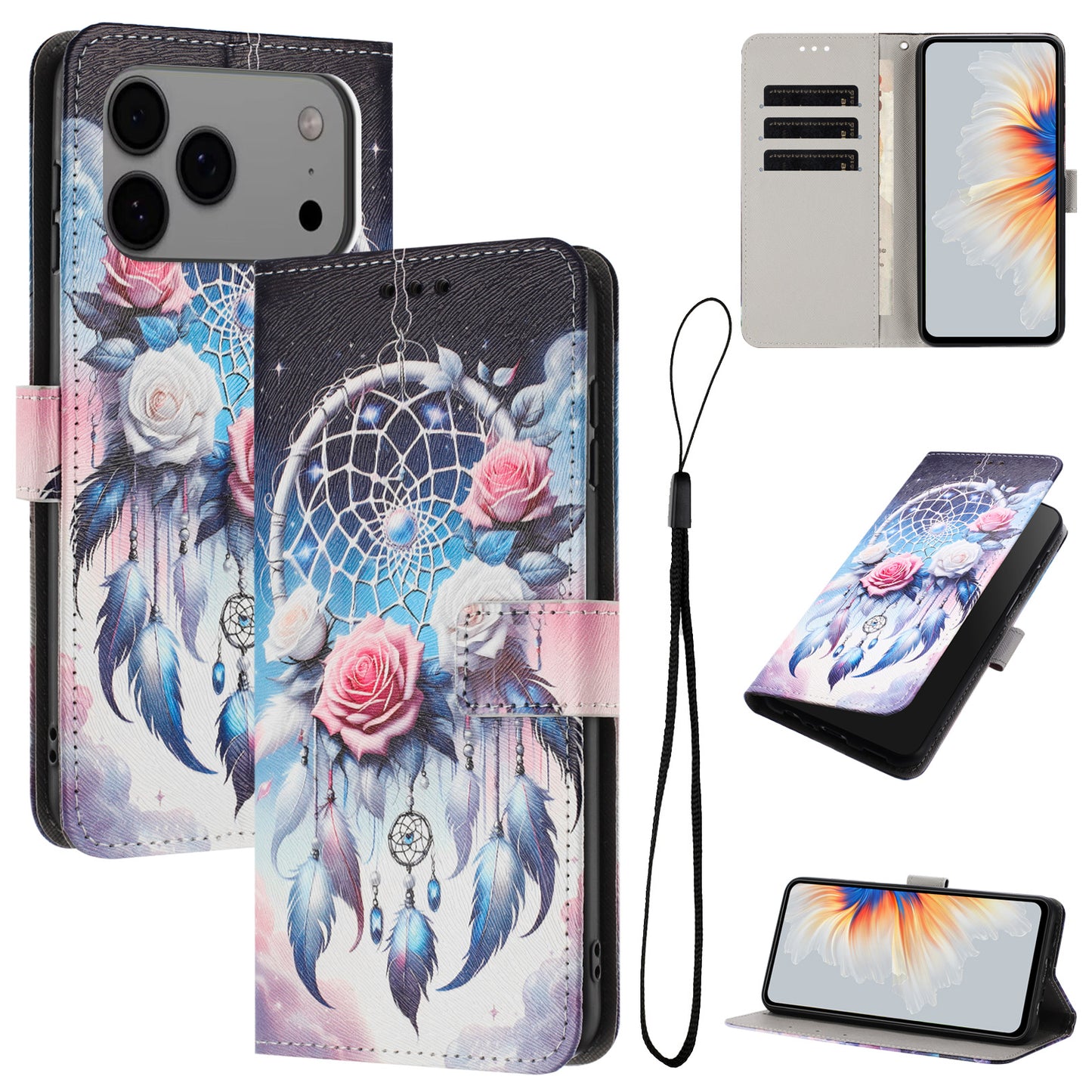 For iPhone 17 Pro Max Wallet Case Pattern Printing PU Leather Phone Cover with Lanyard - Flower Wind Chime