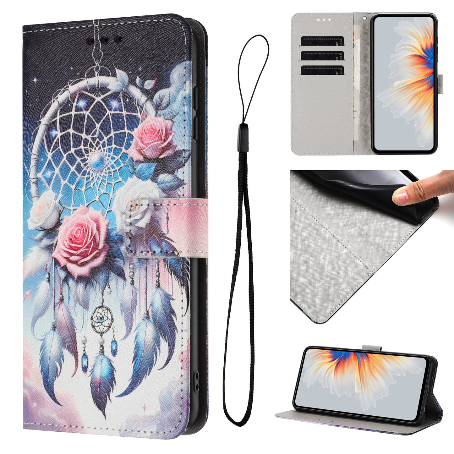 For iPhone 17 Pro Max Wallet Case Pattern Printing PU Leather Phone Cover with Lanyard - Flower Wind Chime