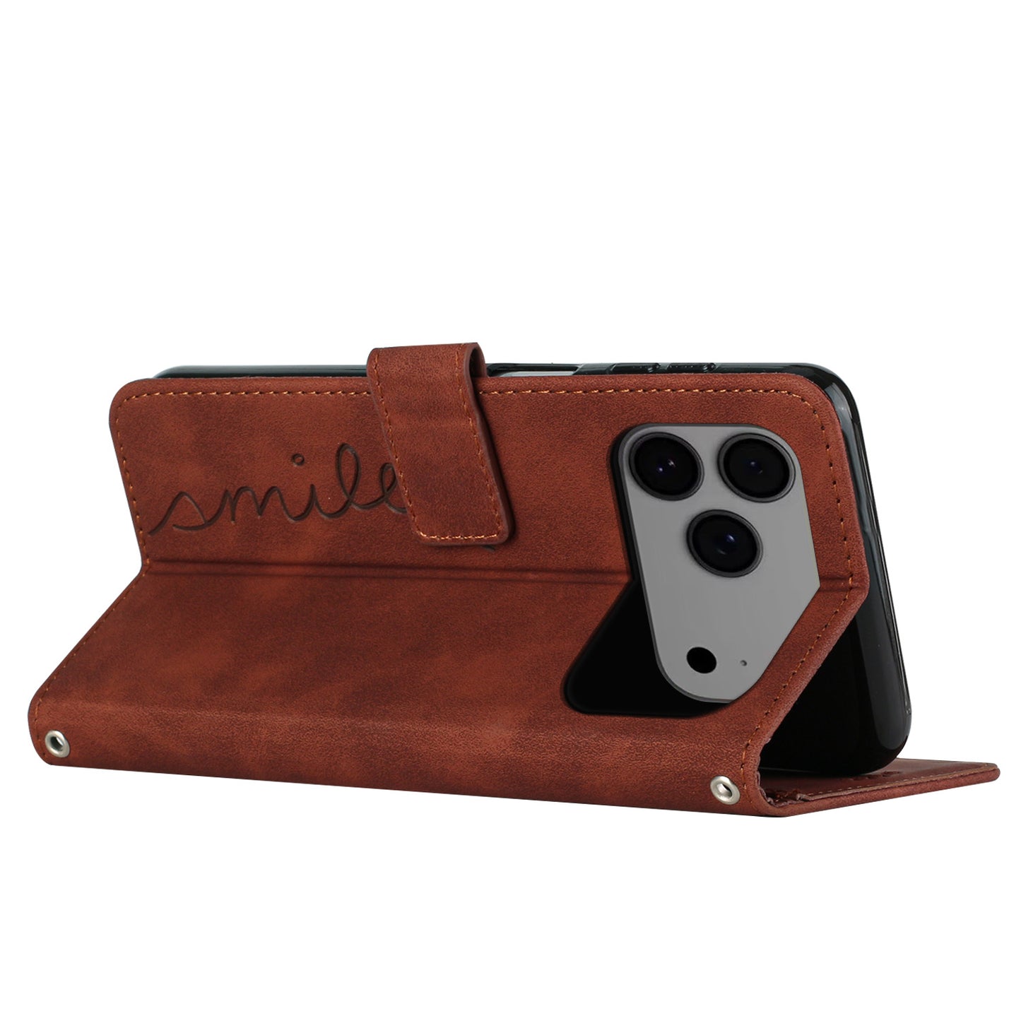 For iPhone 17 Pro Max Stand Case PU Leather Phone Cover Imprinted Heart Pattern - Brown