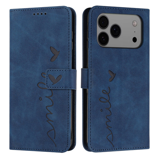 For iPhone 17 Pro Max Stand Case PU Leather Phone Cover Imprinted Heart Pattern - Blue