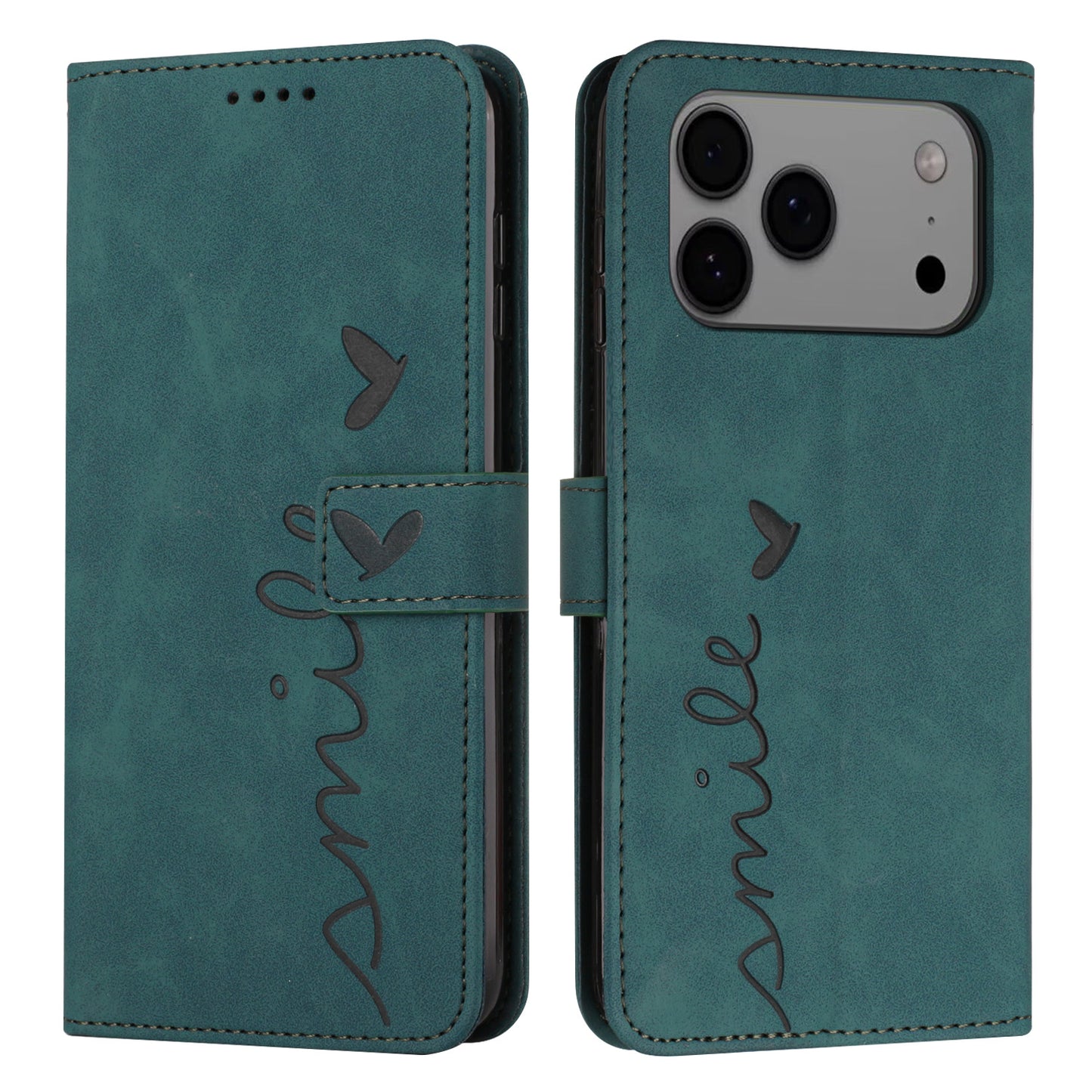 For iPhone 17 Pro Max Stand Case PU Leather Phone Cover Imprinted Heart Pattern - Green