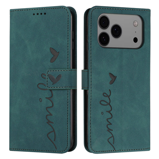 For iPhone 17 Pro Max Stand Case PU Leather Phone Cover Imprinted Heart Pattern - Green