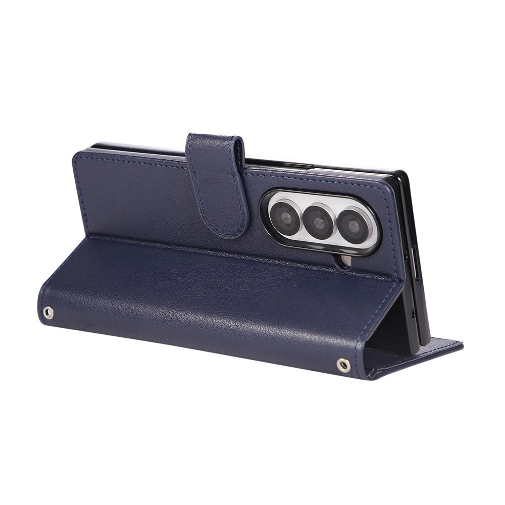 For Samsung Galaxy Z Fold7 5G Case Wallet Stand PU Leather Phone Cover with Wrist Strap - Blue