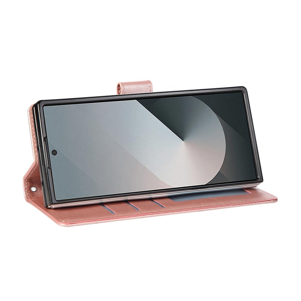For Samsung Galaxy Z Fold7 5G Case Wallet Stand PU Leather Phone Cover with Wrist Strap - Rose Gold