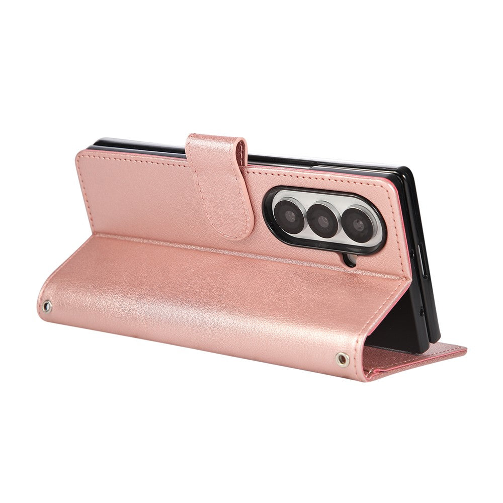 For Samsung Galaxy Z Fold7 5G Case Wallet Stand PU Leather Phone Cover with Wrist Strap - Rose Gold
