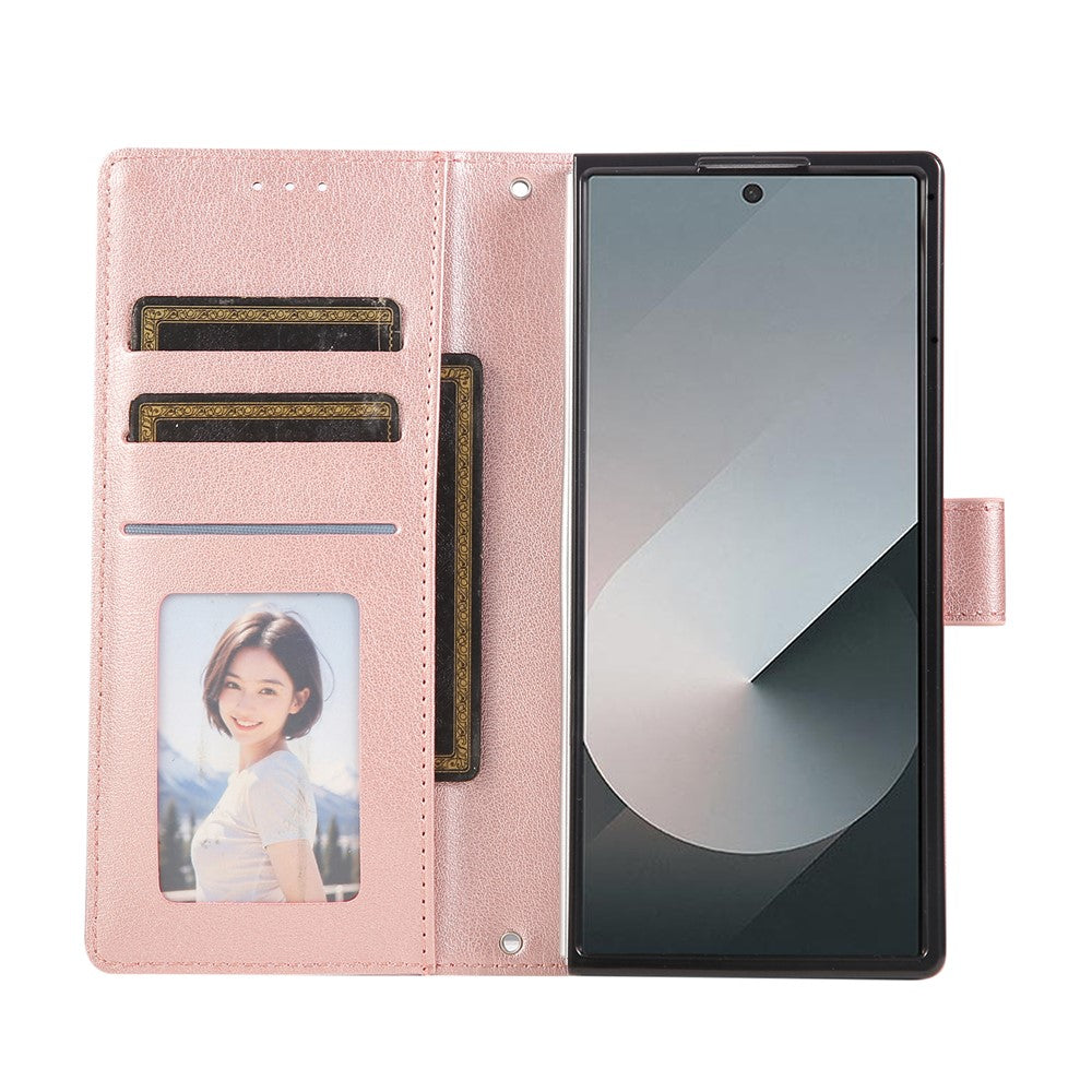 For Samsung Galaxy Z Fold7 5G Case Wallet Stand PU Leather Phone Cover with Wrist Strap - Rose Gold