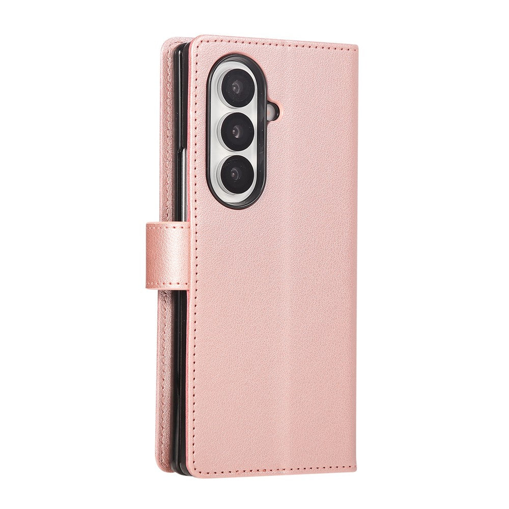 For Samsung Galaxy Z Fold7 5G Case Wallet Stand PU Leather Phone Cover with Wrist Strap - Rose Gold