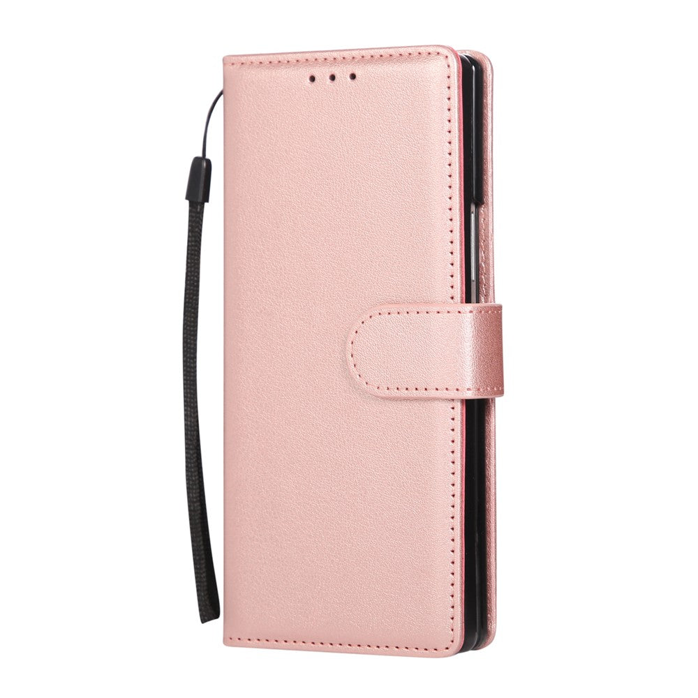 For Samsung Galaxy Z Fold7 5G Case Wallet Stand PU Leather Phone Cover with Wrist Strap - Rose Gold
