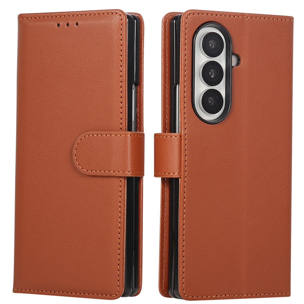 For Samsung Galaxy Z Fold7 5G Case Wallet Stand PU Leather Phone Cover with Wrist Strap - Brown