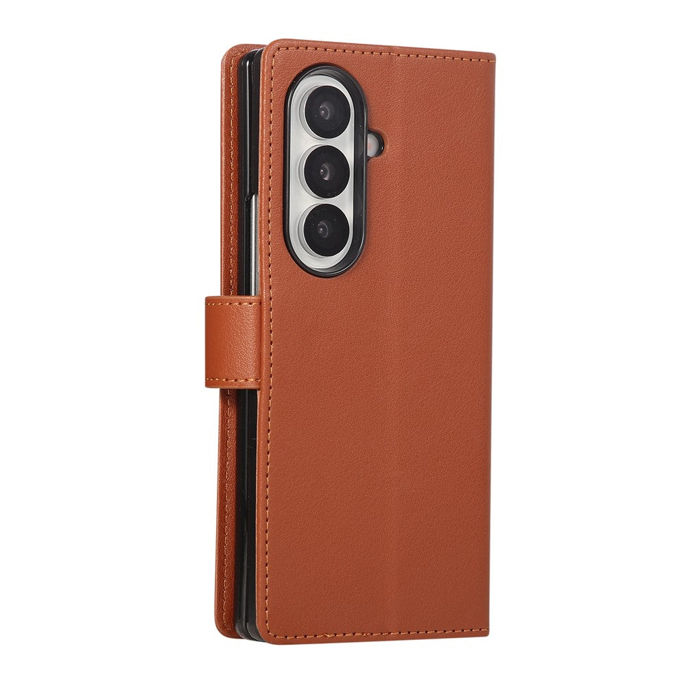 For Samsung Galaxy Z Fold7 5G Case Wallet Stand PU Leather Phone Cover with Wrist Strap - Brown