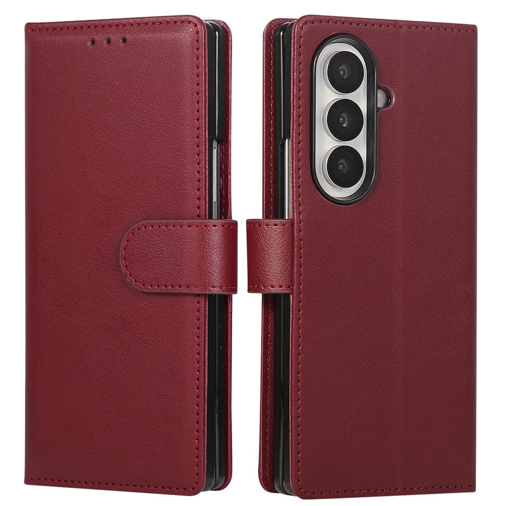 For Samsung Galaxy Z Fold7 5G Case Wallet Stand PU Leather Phone Cover with Wrist Strap - Wine Red