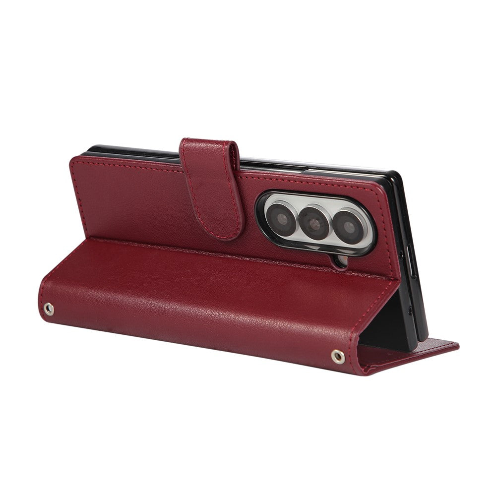 For Samsung Galaxy Z Fold7 5G Case Wallet Stand PU Leather Phone Cover with Wrist Strap - Wine Red