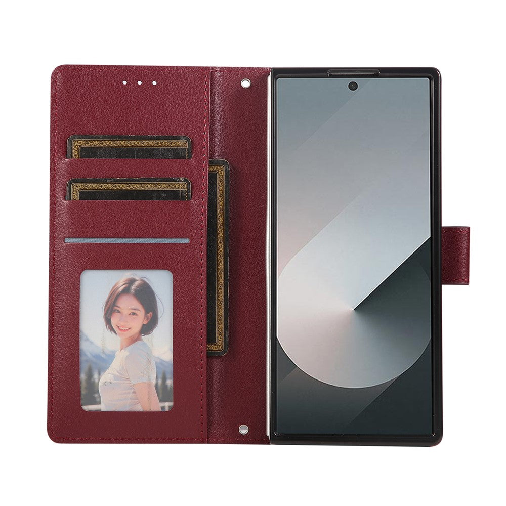For Samsung Galaxy Z Fold7 5G Case Wallet Stand PU Leather Phone Cover with Wrist Strap - Wine Red