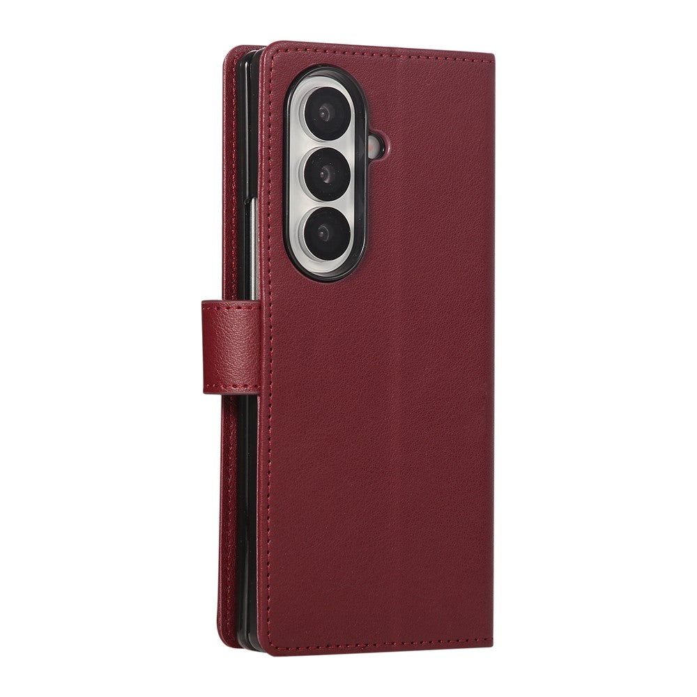 For Samsung Galaxy Z Fold7 5G Case Wallet Stand PU Leather Phone Cover with Wrist Strap - Wine Red