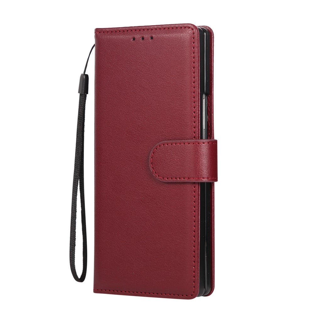 For Samsung Galaxy Z Fold7 5G Case Wallet Stand PU Leather Phone Cover with Wrist Strap - Wine Red
