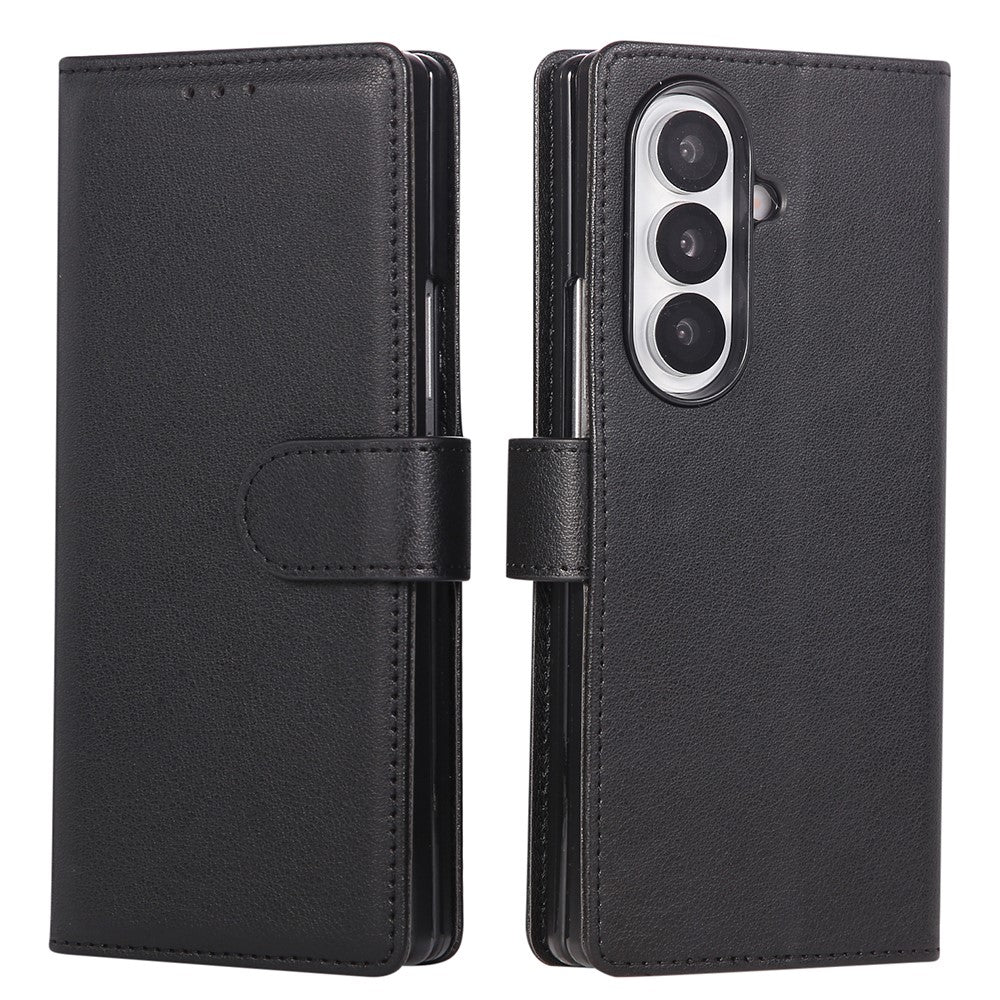 For Samsung Galaxy Z Fold7 5G Case Wallet Stand PU Leather Phone Cover with Wrist Strap - Black