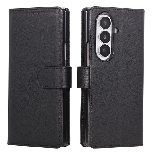For Samsung Galaxy Z Fold7 5G Case Wallet Stand PU Leather Phone Cover with Wrist Strap - Black